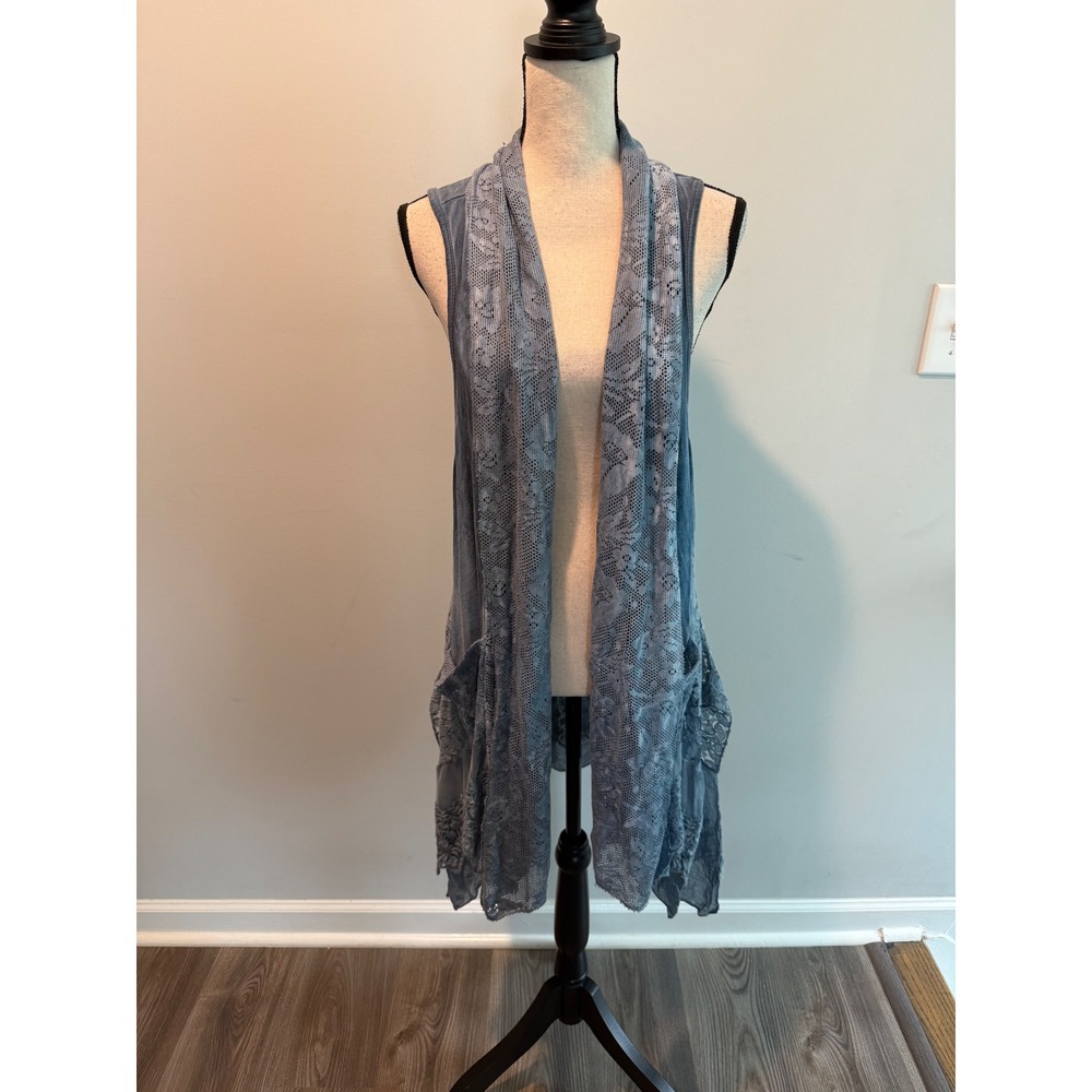 Sacred Threads Blue Lace Mineral Wash Longline Waterfall Vest sz Small / Medium